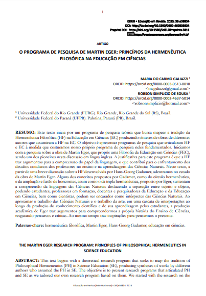 O PROGRAMA DE PESQUISA DE MARTIN EGER: PRINCÍPIOS DA HERMENÊUTICA FILOSÓFICA NA EDUCAÇÃO EM CIÊNCIAS