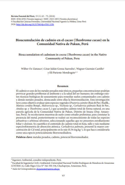 Bioacumulación de cadmio en el cacao (Theobroma cacao) en la Comunidad Nativa de Pakun, Perú