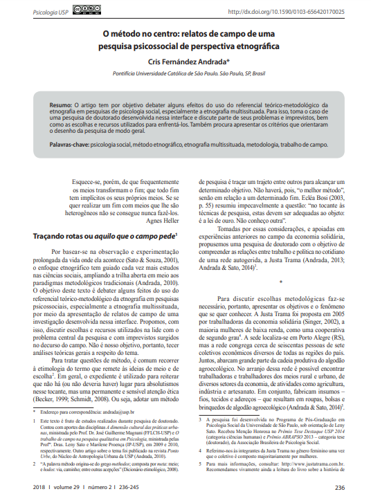 O método no centro: relatos de campo de uma pesquisa psicossocial de perspectiva etnográfica