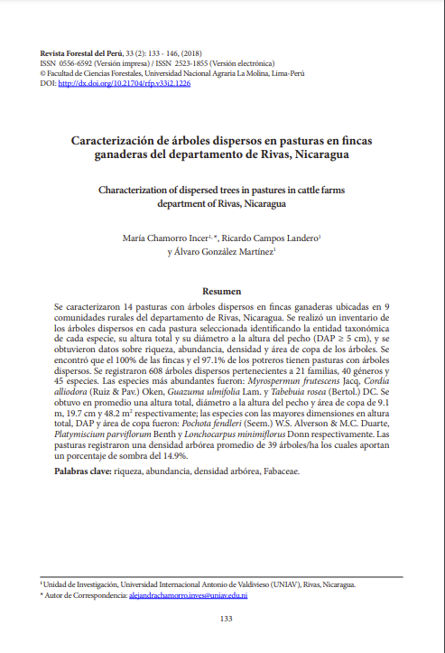 Caracterización de árboles dispersos en pasturas en fincas ganaderas del departamento de Rivas, Nicaragua