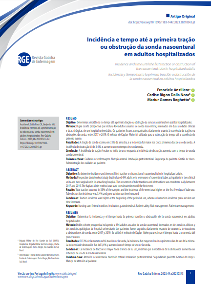 Incidence and time until the first traction or obstruction of the nasoenteral tube in hospitalized adults