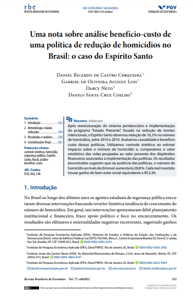 Uma nota sobre análise benefício-custo de uma política de redução de homicídios no Brasil: o caso do Espírito Santo