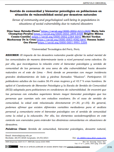 Sentido de comunidad y bienestar psicológico en poblaciones en situación de vulnerabilidad social por desastres naturales