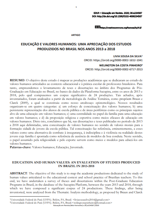 EDUCAÇÃO E VALORES HUMANOS: UMA APRECIAÇÃO DOS ESTUDOS PRODUZIDOS NO BRASIL NOS ANOS 2013 a 2018