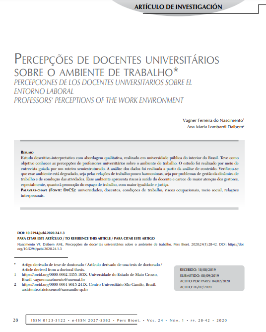 PERCEPÇÕES DE DOCENTES UNIVERSITÁRIOS SOBRE O AMBIENTE DE TRABALHO