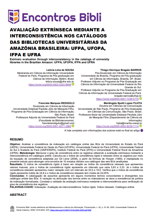 Avaliação extrínseca mediante a interconsistência nos catálogos das bibliotecas universitárias da amazônia brasileira: UFPA, UFOPA, IFPA E UFRA