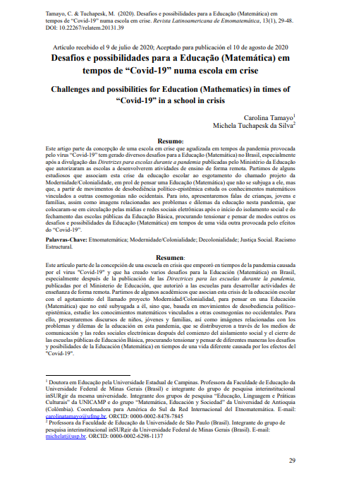 Desafios e possibilidades para a Educação (Matemática) em tempos de “Covid-19” numa escola em crise