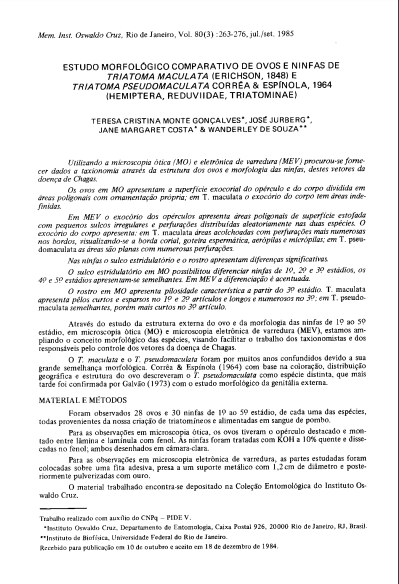 Estudo morfológico comparativo de ovos e ninfas de Triatoma maculata (Erichson, 1848) e Triatoma pseudomaculata Corrêa &amp; Espínola, 1964 (Hemiptera, Reduviidae, Triatominae)