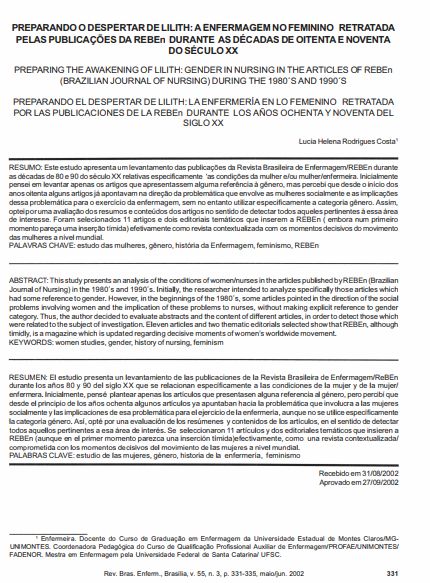 Preparando o despertar de Lilith: a enfermagem no feminino retratada pelas publicações da REBEn durante as décadas de oitenta e noventa do século XX