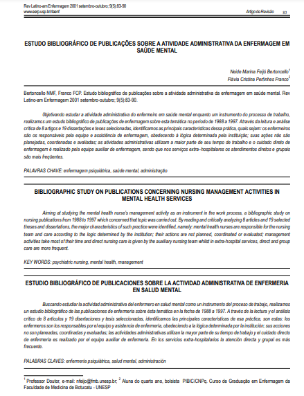 ESTUDO BIBLIOGRÁFICO DE PUBLICAÇÕES SOBRE A ATIVIDADE ADMINISTRATIVA DA ENFERMAGEM EM SAÚDE MENTAL