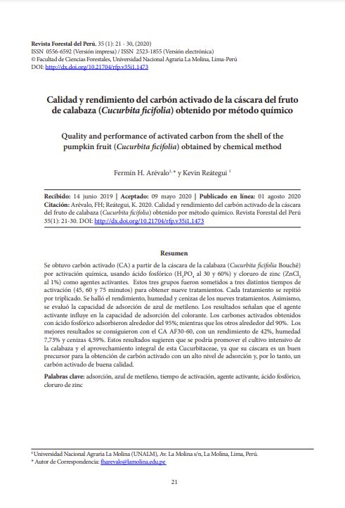 Calidad y rendimiento del carbón activado de la cáscara del fruto de calabaza obtenido por método químico