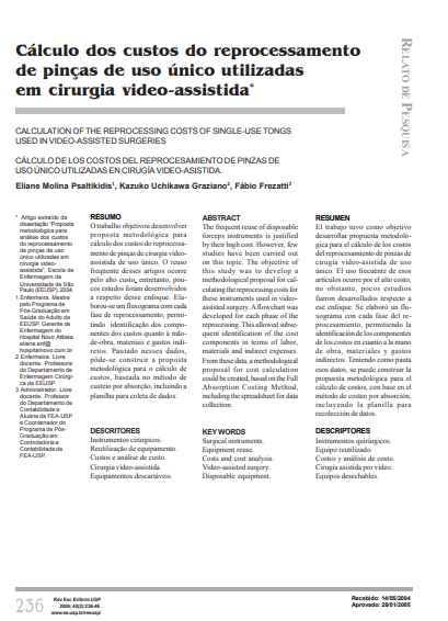 Cálculo dos custos do reprocessamento de pinças de uso único utilizadas em cirurgia vídeo-assistida