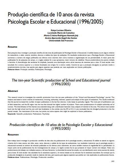 Produção científica de 10 anos da revista Psicologia Escolar e Educacional (1996/2005)