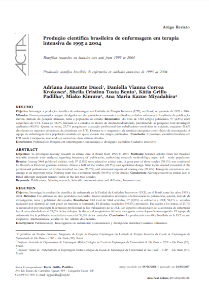 Produção científica brasileira de enfermagem em terapia intensiva de 1995 a 2004