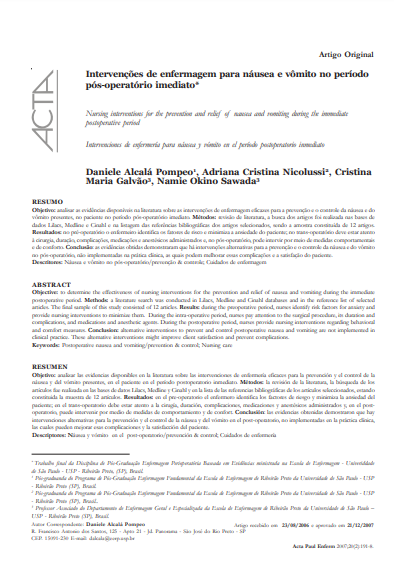 Intervenções de enfermagem para náusea e vômito no período pós-operatório imediato