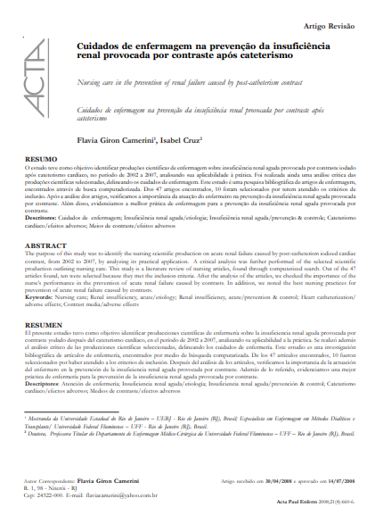 Cuidados de enfermagem na prevenção da insuficiência renal provocada por contraste após cateterismo