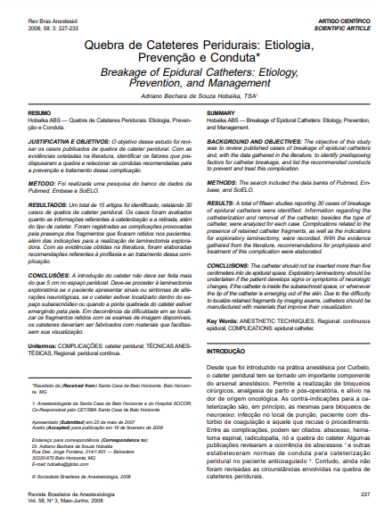 Quebra de cateteres peridurais: etiologia, prevenção e conduta