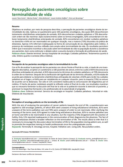 Percepção de pacientes oncológicos sobre terminalidade de vida