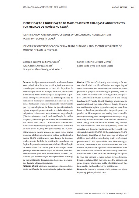 IDENTIFICAÇÃO E NOTIFICAÇÃO DE MAUS-TRATOS EM CRIANÇAS E ADOLESCENTES POR MÉDICOS DE FAMÍLIA NO CEARÁ