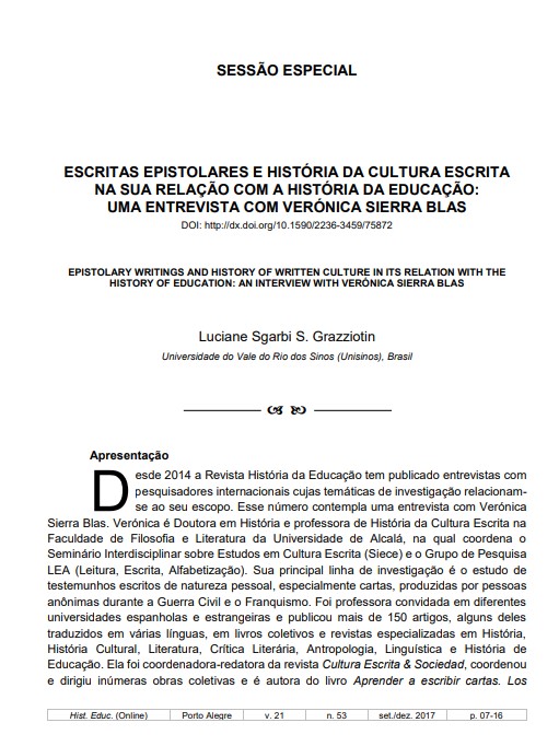 ESCRITAS EPISTOLARES E HISTÓRIA DA CULTURA ESCRITA NA SUA RELAÇÃO COM A HISTÓRIA DA EDUCAÇÃO: UMA ENTREVISTA COM VERÓNICA SIERRA BLAS