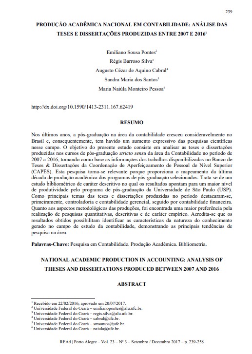 PRODUÇÃO ACADÊMICA NACIONAL EM CONTABILIDADE: ANÁLISE DAS TESES E DISSERTAÇÕES PRODUZIDAS ENTRE 2007 E 2016