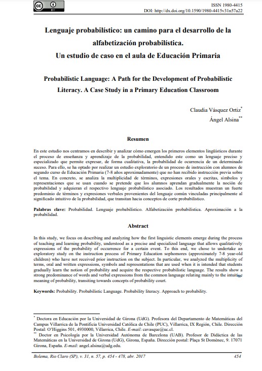 Lenguaje probabilístico: un camino para el desarrollo de la alfabetización probabilística. Un estudio de caso en el aula de Educación Primaria