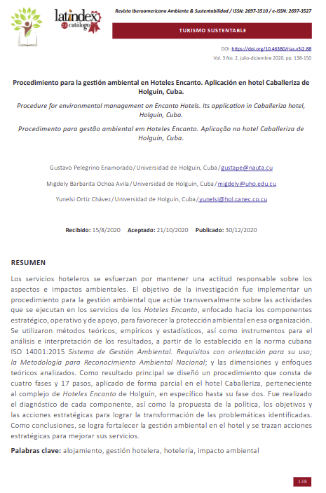 Procedimiento para la gestión ambiental en Hoteles Encanto. Aplicación en hotel Caballeriza de Holguín, Cuba.