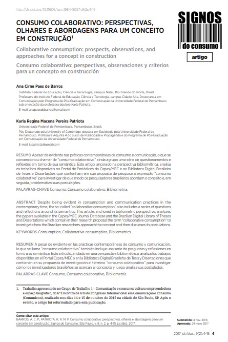CONSUMO COLABORATIVO: PERSPECTIVAS, OLHARES E ABORDAGENS PARA UM CONCEITO EM CONSTRUÇÃO[1]