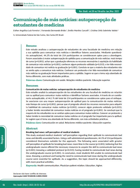 Comunicação de más notícias: autopercepção de estudantes de medicina