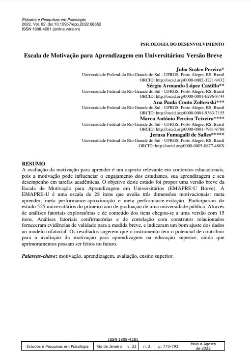 Escala de Motivação para Aprendizagem em Universitários: Versão Breve