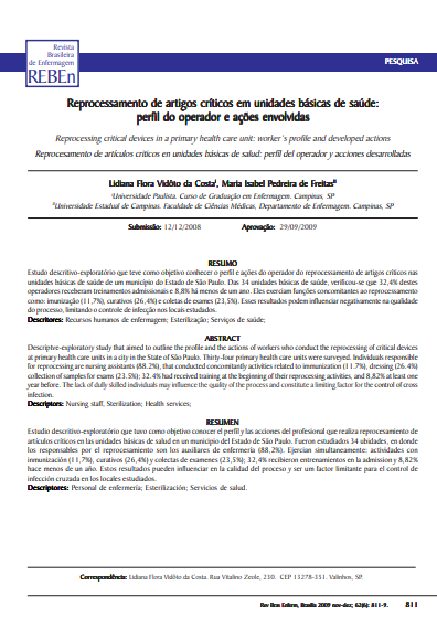 Reprocessamento de artigos críticos em unidades básicas de saúde: perfil do operador e ações envolvidas
