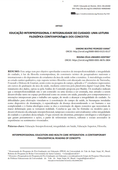 EDUCAÇÃO INTERPROFISSIONAL E INTEGRALIDADE DO CUIDADO: UMA LEITURA FILOSÓFICA CONTEMPORÂNEA DOS CONCEITOS