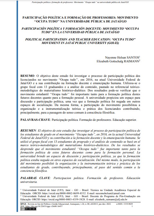 Participação política e formação de professores: movimento ‘‘Ocupa tudo’’ na universidade pública de Jataí/GO