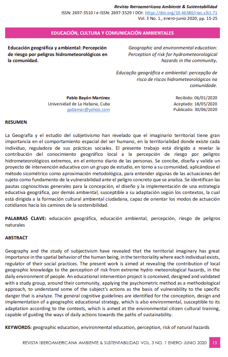 Educación geográfica y ambiental: Percepción de riesgo por peligros hidrometeorológicos en la comunidad.