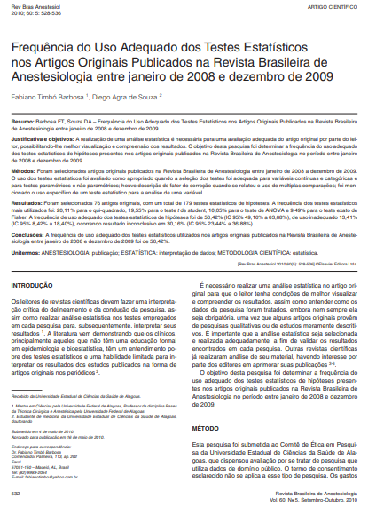 Frequência do uso adequado dos testes estatísticos nos artigos originais publicados na Revista Brasileira de Anestesiologia entre janeiro de 2008 e dezembro de 2009