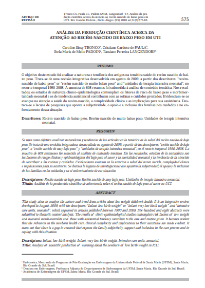 Análise da produção científica acerca da atenção ao recém-nascido de baixo peso em UTI