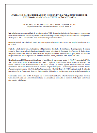 Avaliação da sensibilidade da hemocultura para diagnóstico de pneumonia associada à ventilação mecãnica