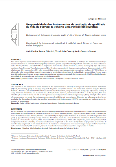 Responsividade dos instrumentos de avaliação de qualidade de vida de Ferrans e Powers: uma revisão bibliográfica