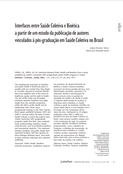 Interfaces entre Saúde Coletiva e Bioética a partir de um estudo da publicação de autores vinculados à pós-graduação em Saúde Coletiva no Brasil