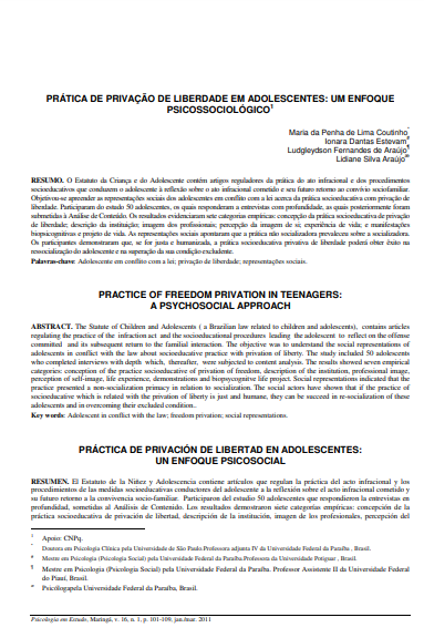 Prática de privação de liberdade em adolescentes: um enfoque psicossociológico