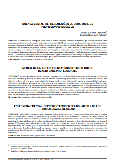 Doença mental: representações de usuários e de profissionais da saúde