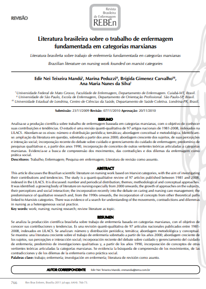Literatura brasileira sobre o trabalho de enfermagem fundamentada em categorias marxianas