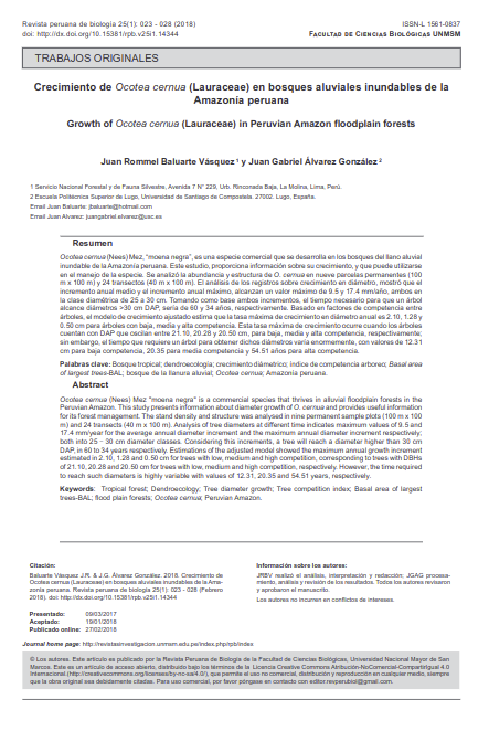 Crecimiento de Ocotea cernua (Lauraceae) en bosques aluviales inundables de la Amazonía peruana