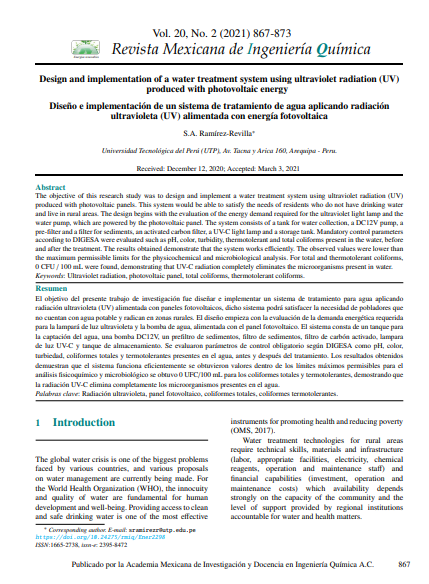 Design and implementation of a water treatment system using ultraviolet radiation (UV) produced with photovoltaic energy