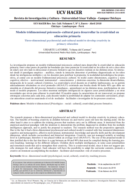 Modelo tridimensional psicosocio-cultural para desarrollar la creatividad en educación primaria