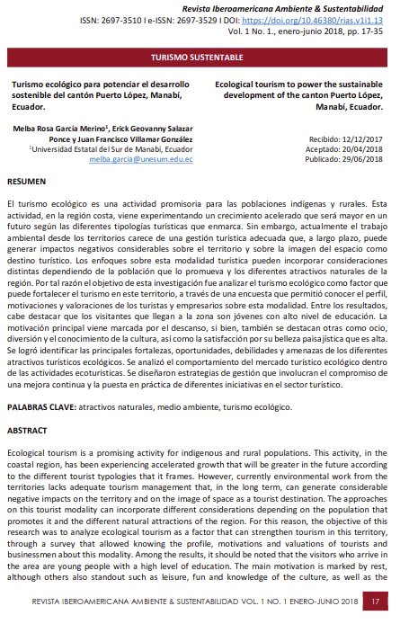 Turismo ecológico para potenciar el desarrollo sostenible del cantón Puerto López, Manabí, Ecuador.