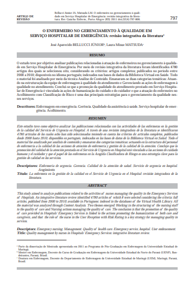 O enfermeiro no gerenciamento à qualidade em serviço hospitalar de emergência: revisão integrativa da literatura