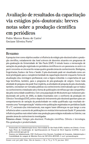 Avaliação de resultados da capacitação via estágios pós-doutorais: breves notas sobre a produção científica em periódicos