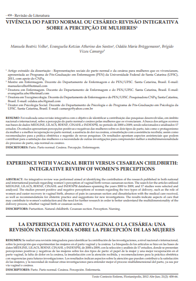 Vivência do parto normal ou cesáreo: revisão integrativa sobre a percepção de mulheres