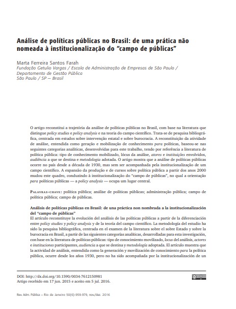 Análise de políticas públicas no Brasil: de uma prática não nomeada à institucionalização do “campo de públicas”